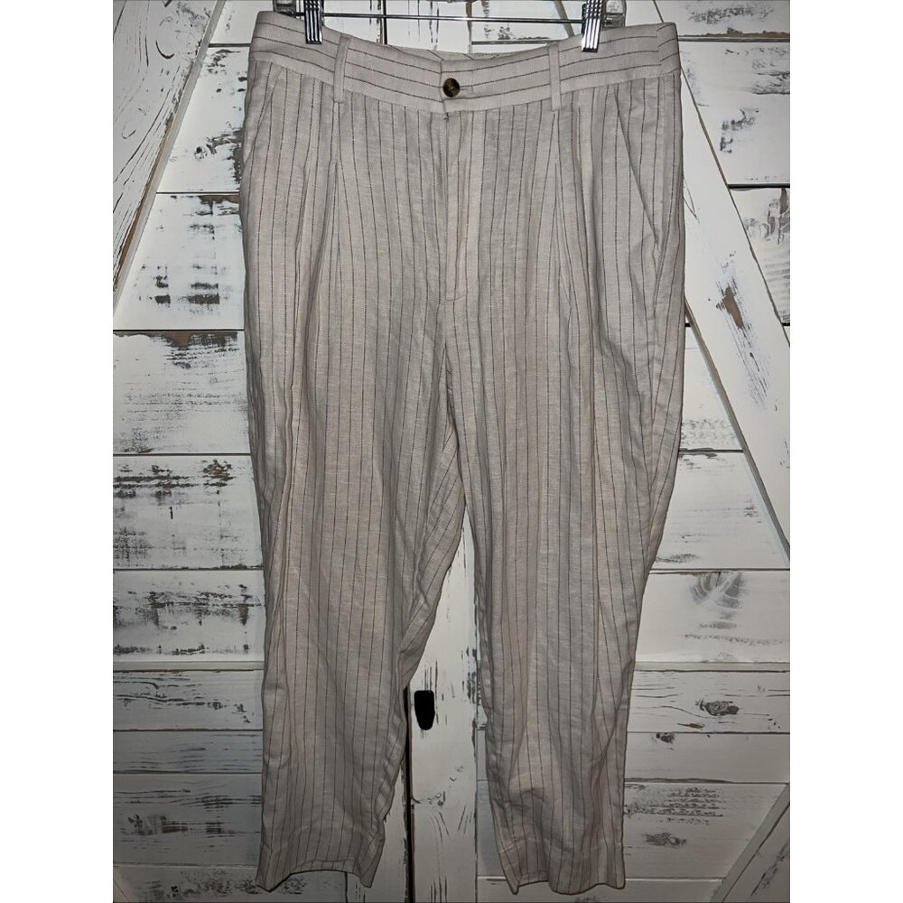 Banana Republic Womens Linen Blend Pleated Trousers Ivory Strupe Size 12
